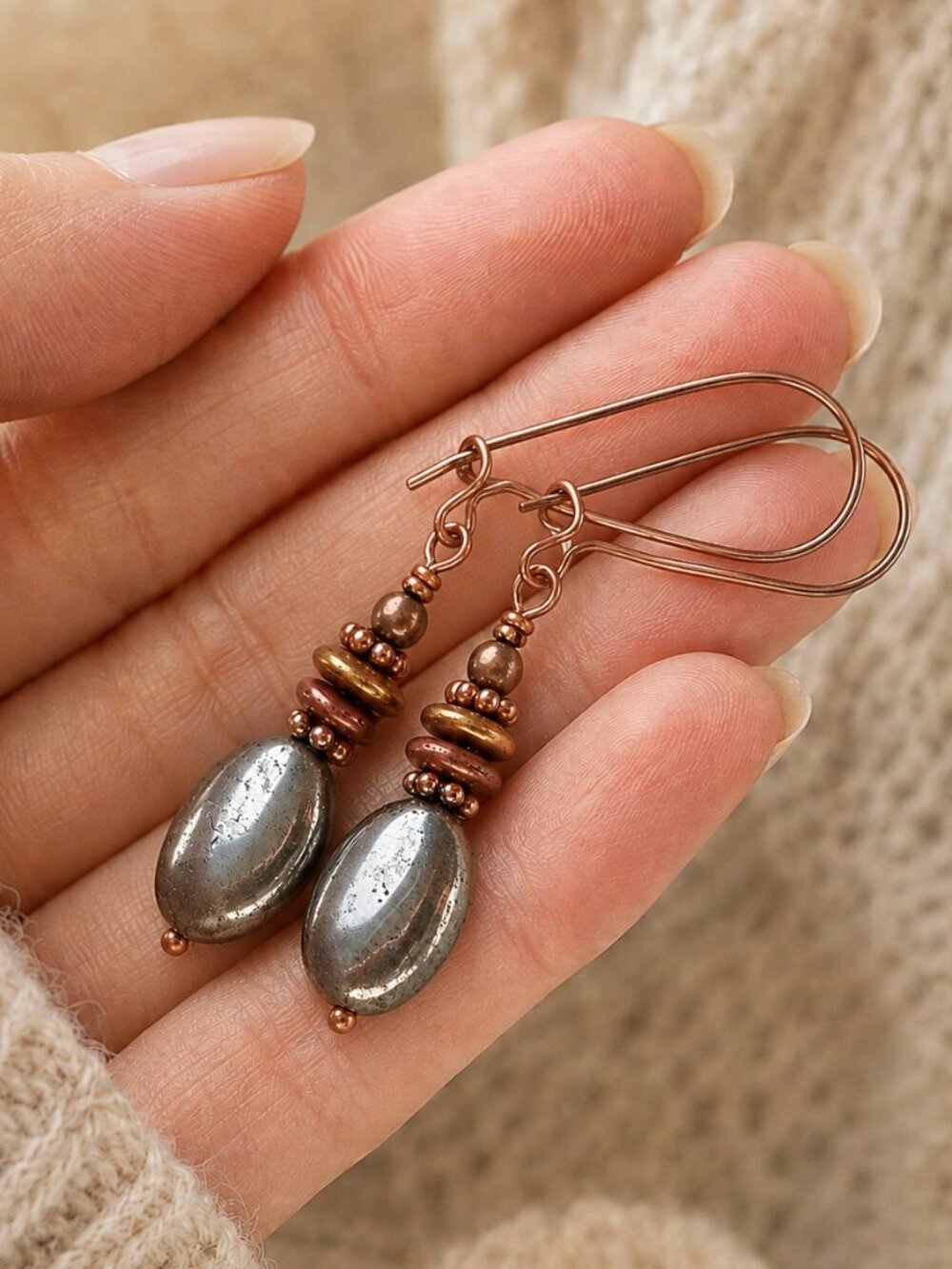 Copper Pyrite Earrings, Western Style, Real Gemstone, Boho Drop Artisan Handmade - Picture 3 of 10